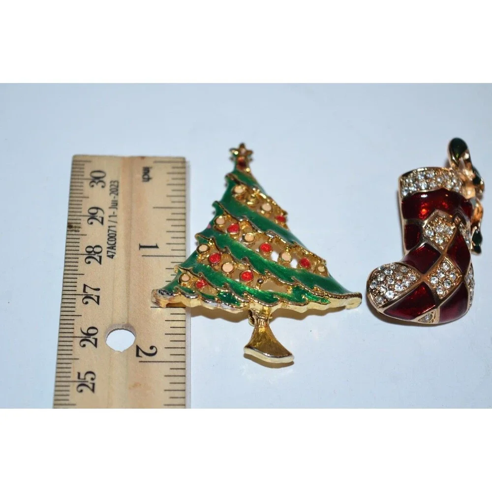 Vtg Stauer Christmas‎ Brooch Angel & stocking Pin lot + Christmas Tree